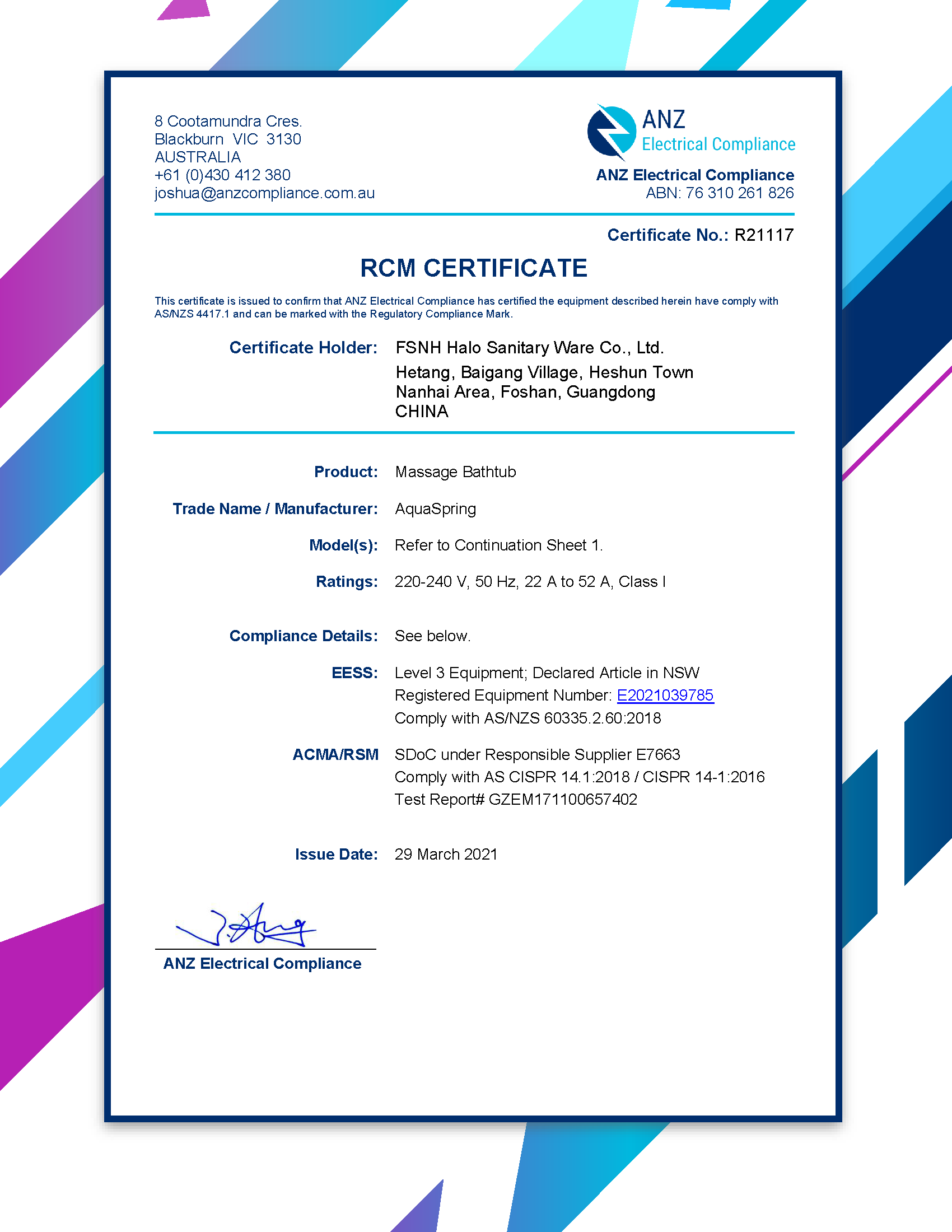 RCM Certificate from AquaSpring spas 2021 